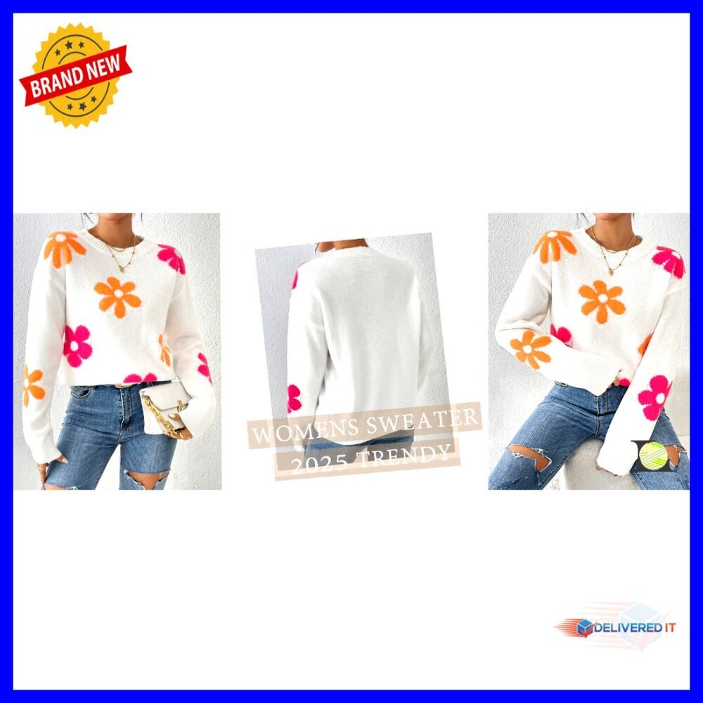Oversized Floral Crewneck Sweater Vintage Y2K Pullover Long Sleeve - Picture 7 of 7